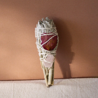 Fagot de Sauge blanche, Quartz rose & Pétales de roses